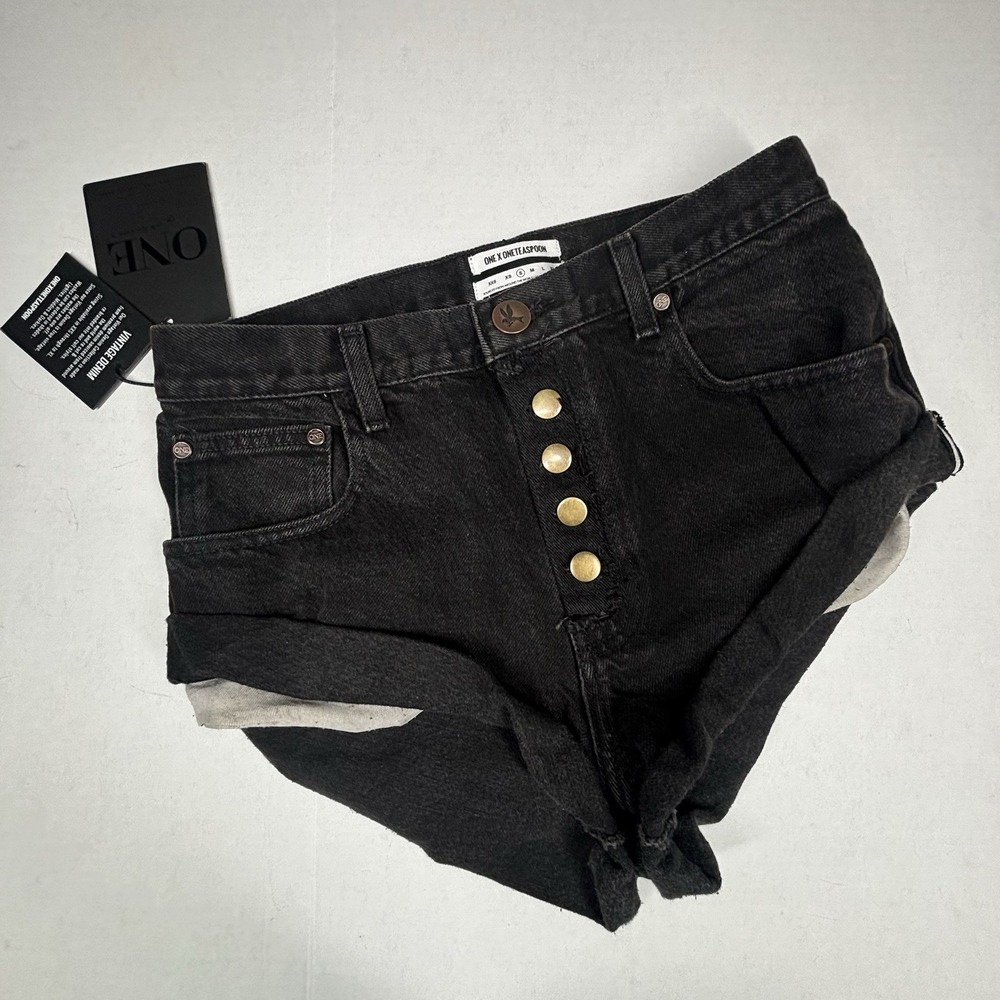 One x OneTeaspoon Denim BOOTY Shorts Vintage Bandits SMALL Black Twist Cuff NWT